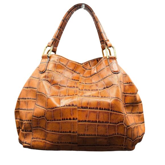 G.I.L.I. Genuine Leather Croc Embossed Satchel Tote Bag Cognac Brown - Picture 2 of 16